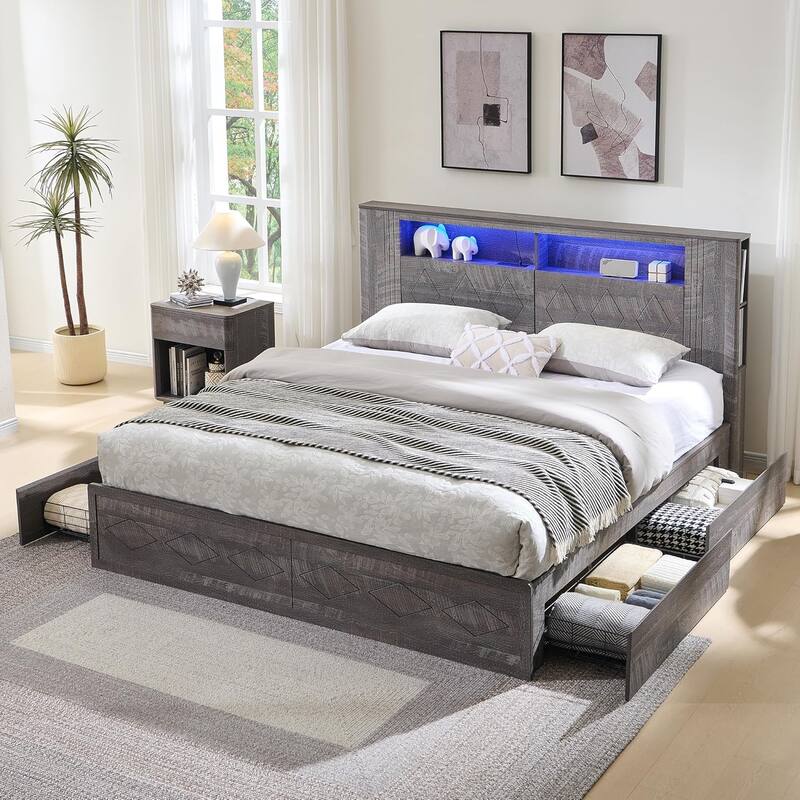 Modern Queen Size Wood Bed Frame with Charging Station and LED Lights - Grey