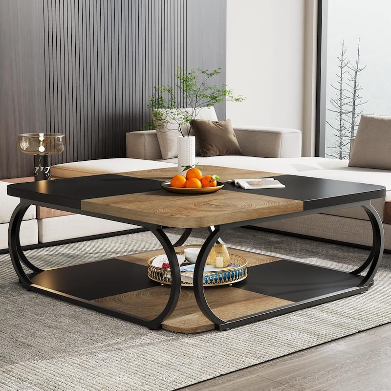 39" Large Square Wood Coffee Table, 2 Tier Tea Table with Storage Shelf, Center Table for Living Room & Home Office