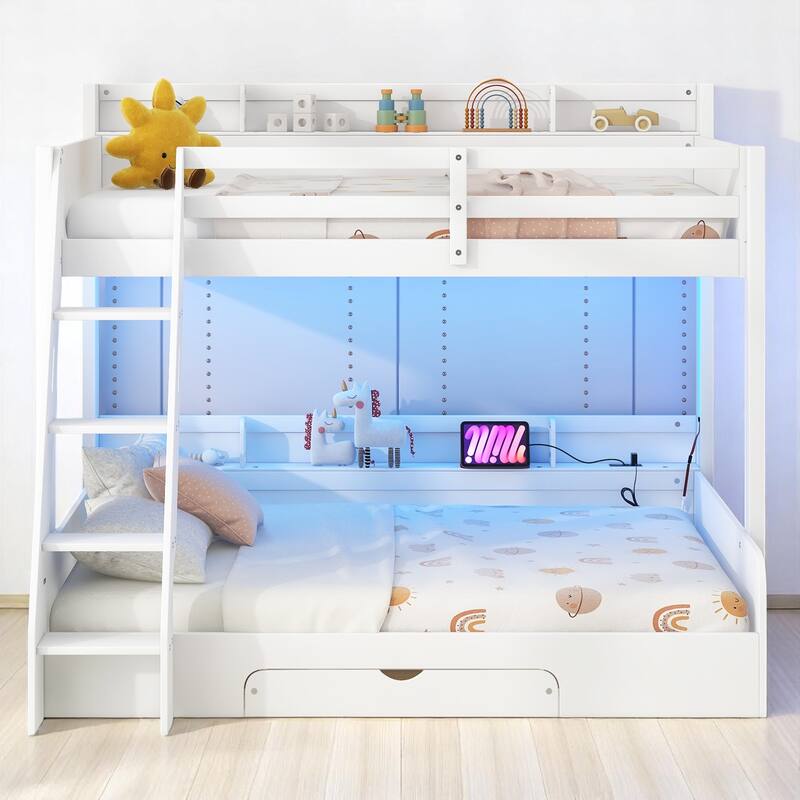 Modern Twin Over Full Bunk Bed with Storage, LED Lighting, USB & Plug Outlets, Drawer, and Guardrails