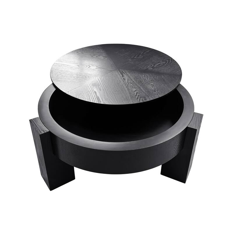 33" Round Coffee Table with Hidden Storage, Parquet Veneer Top Table, 3 Block Legs Sturdy Center Accent Table for Living Room