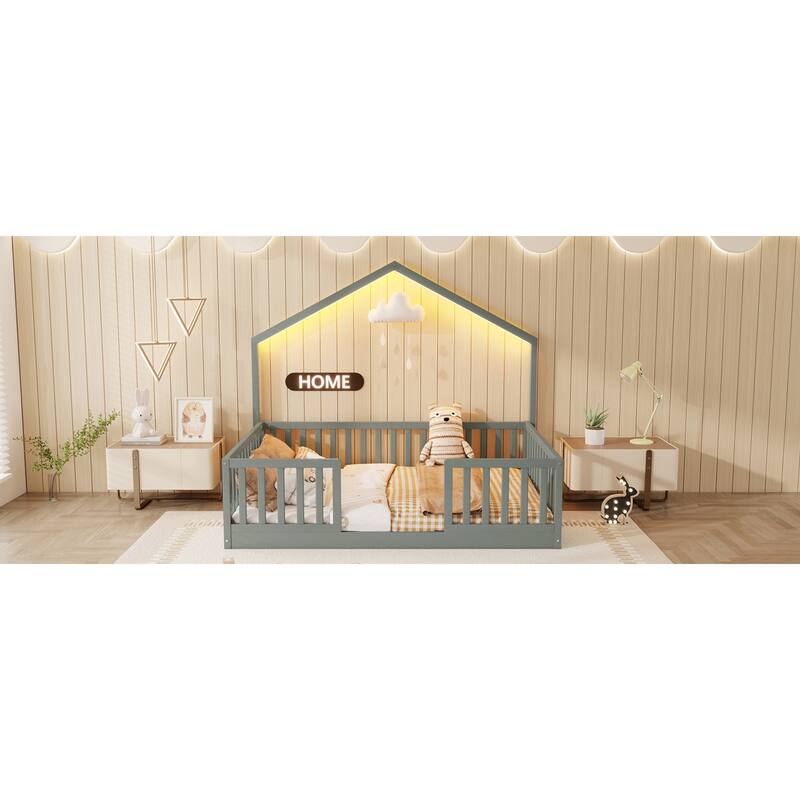 Roomfitters Twin/Full Floor Platform Bed, House Frame and LED Light with Wooden High Rails for Bedrooms or Guest Rooms