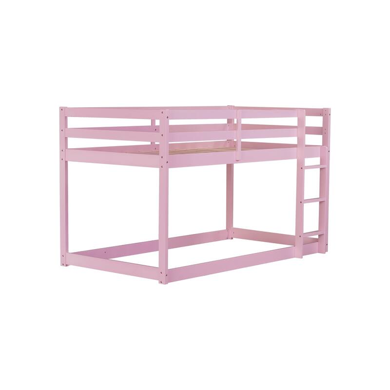 Wooden Twin over Twin Floor Bunk Bed with Ladder, with Bed Platform of Strengthened Slats