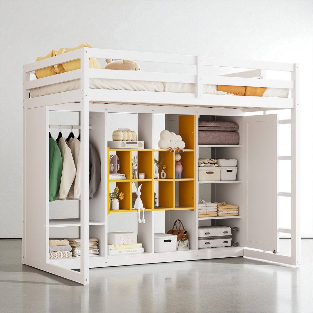 Space-Saving Twin/Full Loft Bed, Solid Wood Frame with Open Wardrobe, Colorful Shelves, Cabinet Storage & Reversible Ladder