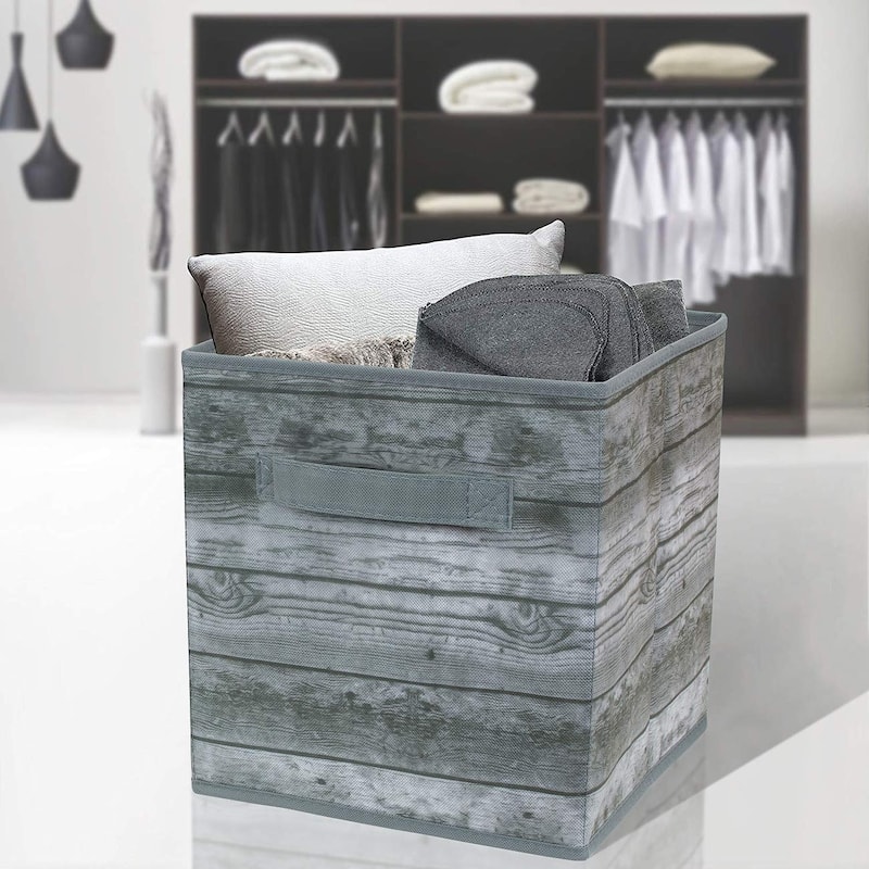 Storage Cube Wood Basket Bin Grey 4 Pack