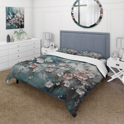 Designart "Flowers With Butterflies Painting I" Pink Traditional - Bed Cover Set With Shams
