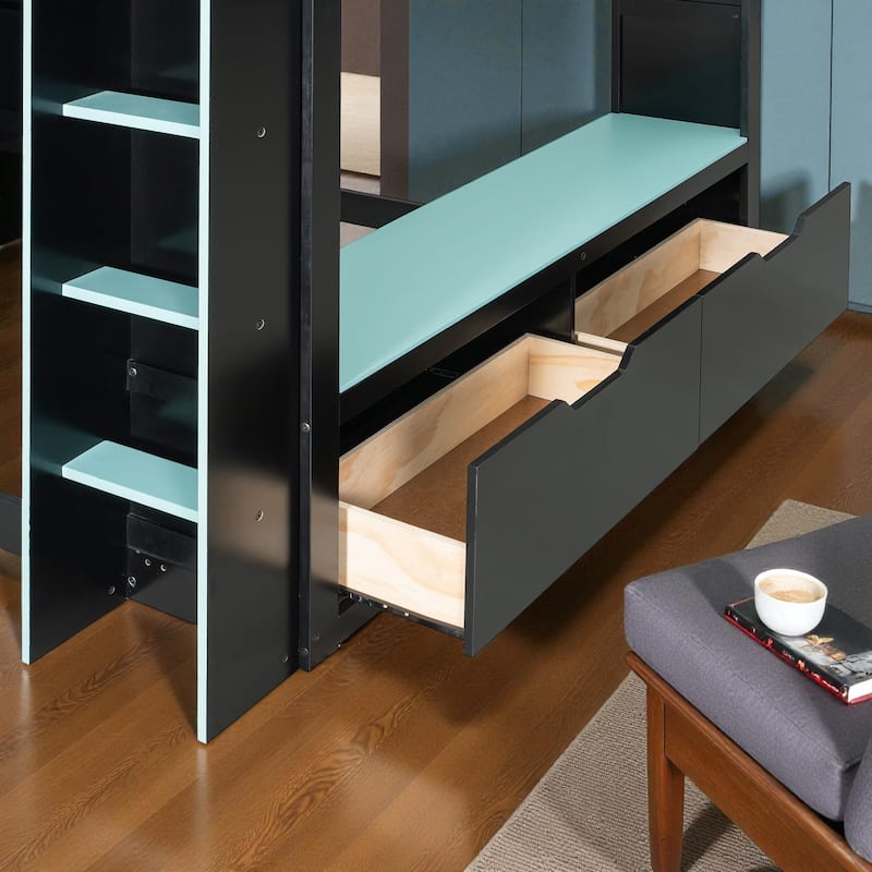 Full Size Wood Loft Bed with Adjustable Desk, Drawers, Storage Shelves, Hanging Rod and RGB LED Lights