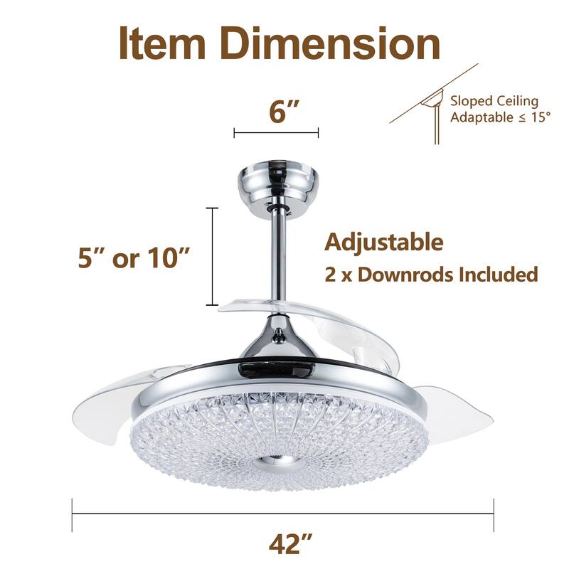 42" Black Modern Retractable Ceiling Fan with LED Light and Remote Control
