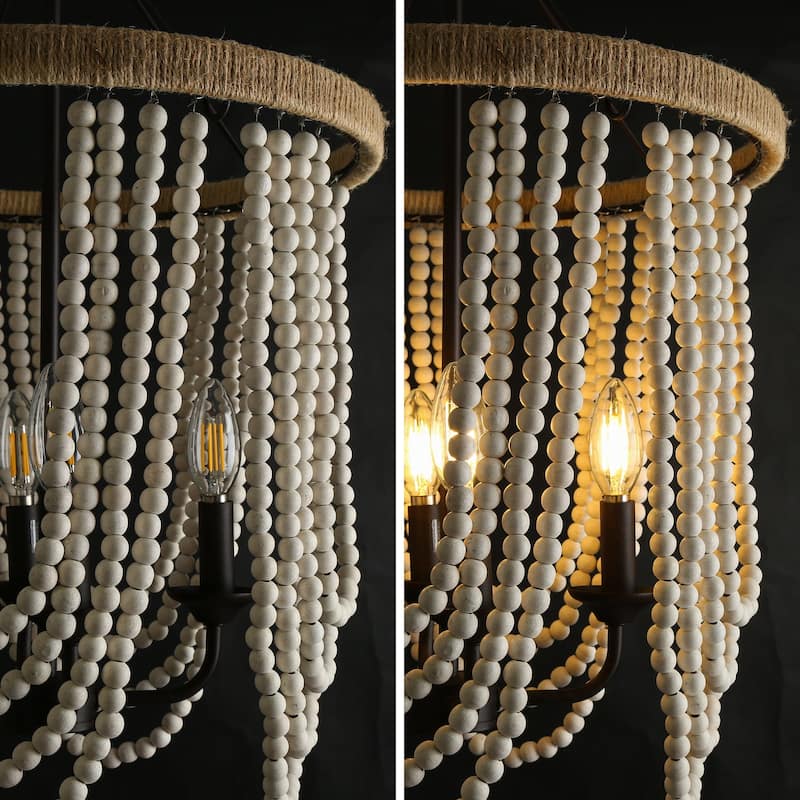 Renia Farmhouse 4-light Wood Beaded Chandelier Rustic Hemp Rope Basket Coastal Ceiling Lights