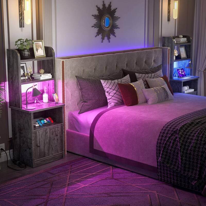47" Nightstand with Charging Station and LED Lights,Industrial Bedside End Side Table with Adjustable Bookshelf Storage Cabinet