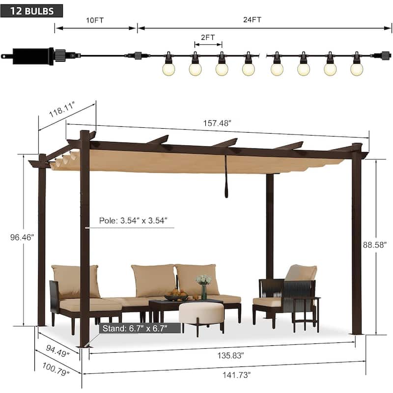 PURPLE LEAF Outdoor Retractable Bronze Metal Pergola w Canopy for Beach Deck Gazebo