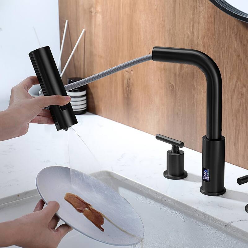 Lefton Waterfall Pull-Out Bathroom Faucet 3 Hole with Temperature Display in Fahrenheit (Battery-Free), BFWS2401