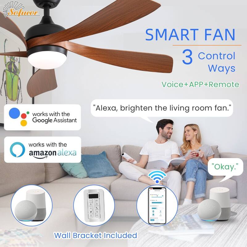 45/52 Inch Ceiling Fan with Remote & Lights Quiet DC Motor 5 Blade High CFM Modern Fan