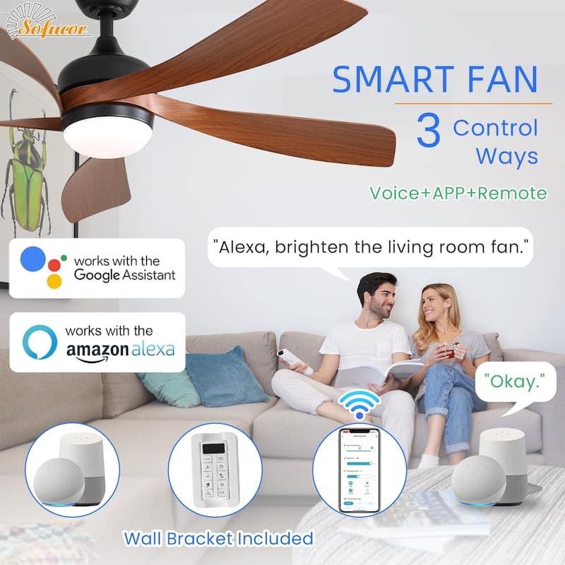 45 Inch / 52 Inch White Ceiling Fan with Dimmable LED Light and Remote, 6-Speed Reversible DC Motor, ABS Blades