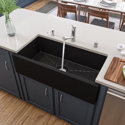 36" Black Matte Reversible Smooth / Fluted Single Bowl Fireclay Farm Sink