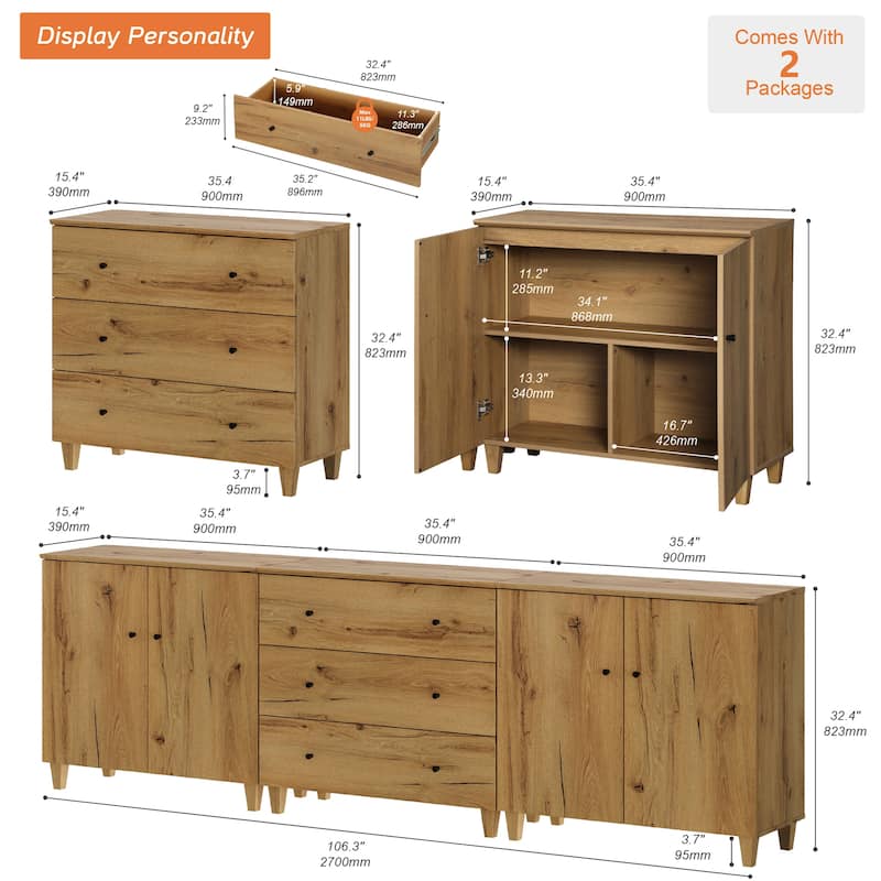 Wood Dresser with 3 Drawers and 2 Cabinets for Bedroom, 106" Wide