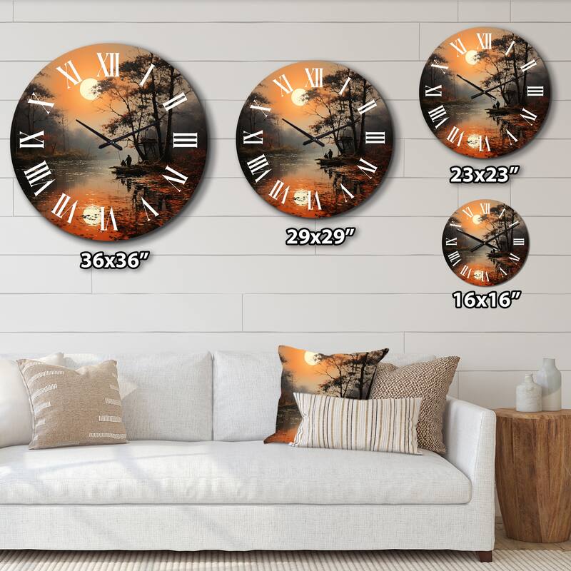 Designart "Orange Lake Misty Morning Reflections III" Landscapes Oversized Wall Clock