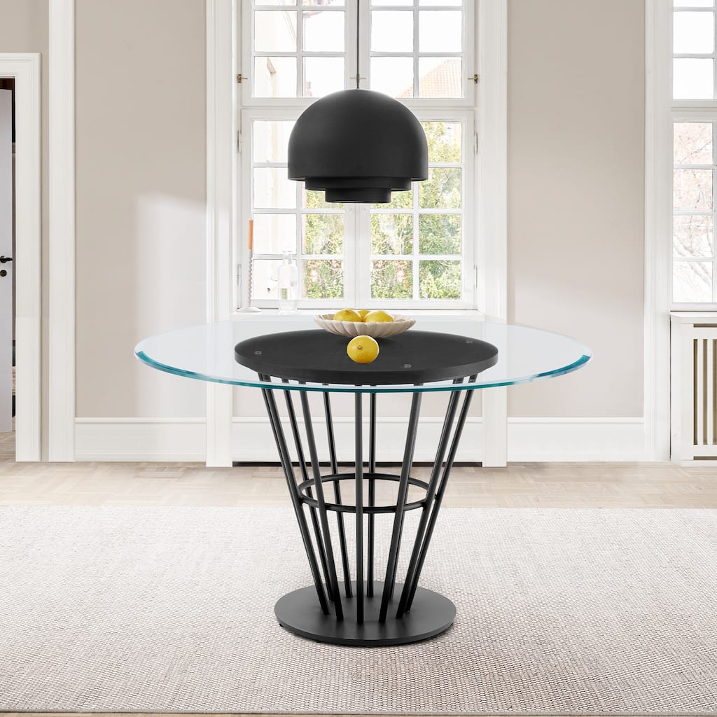 Veronica 48 inch Glass and Walnut Wood Round Dining Table with Metal Base