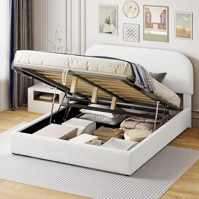 Teddy Fleece Queen Size Upholstered Platform Bed with Hydraulic Storage System, White