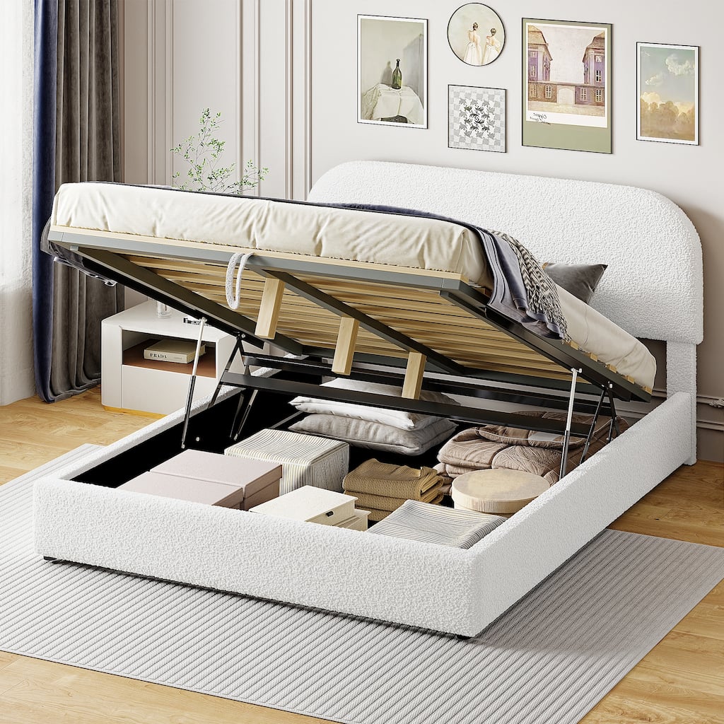 Teddy Fleece Upholstered Platform Bed with Hydraulic Storage System for Bedroom