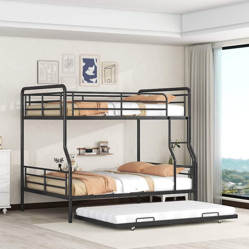 Black+Trundle Full XL over Queen Metal Bunk Bed with Full Length Guardrail, Convertible Design, Easy Assembly - Black+Trundle