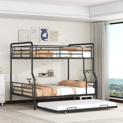 Full XL Over Queen Metal Bunk Bed with Twin Trundle, Space-Saving Design, and Safety Guardrails