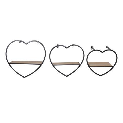 Sagebrook Home Set of 3 Heart Shaped Wall Shelves Black Metal and Wood Wall Accent Shelves For Bedroom, Bathroom, Home D