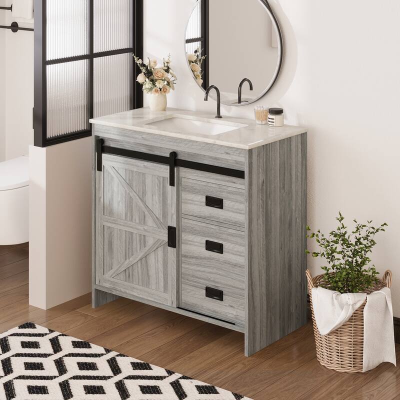 EROMMY Farmhouse Bathroom Vanity with Ceramic Top and Sliding Barn Door Sink Cabinet, Rustic Single Sink Vanity