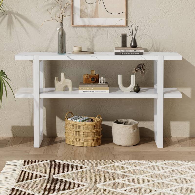 Elegant Console Table with Marble-Effect Top and Versatile Storage Solutions for Entryway and Living Room