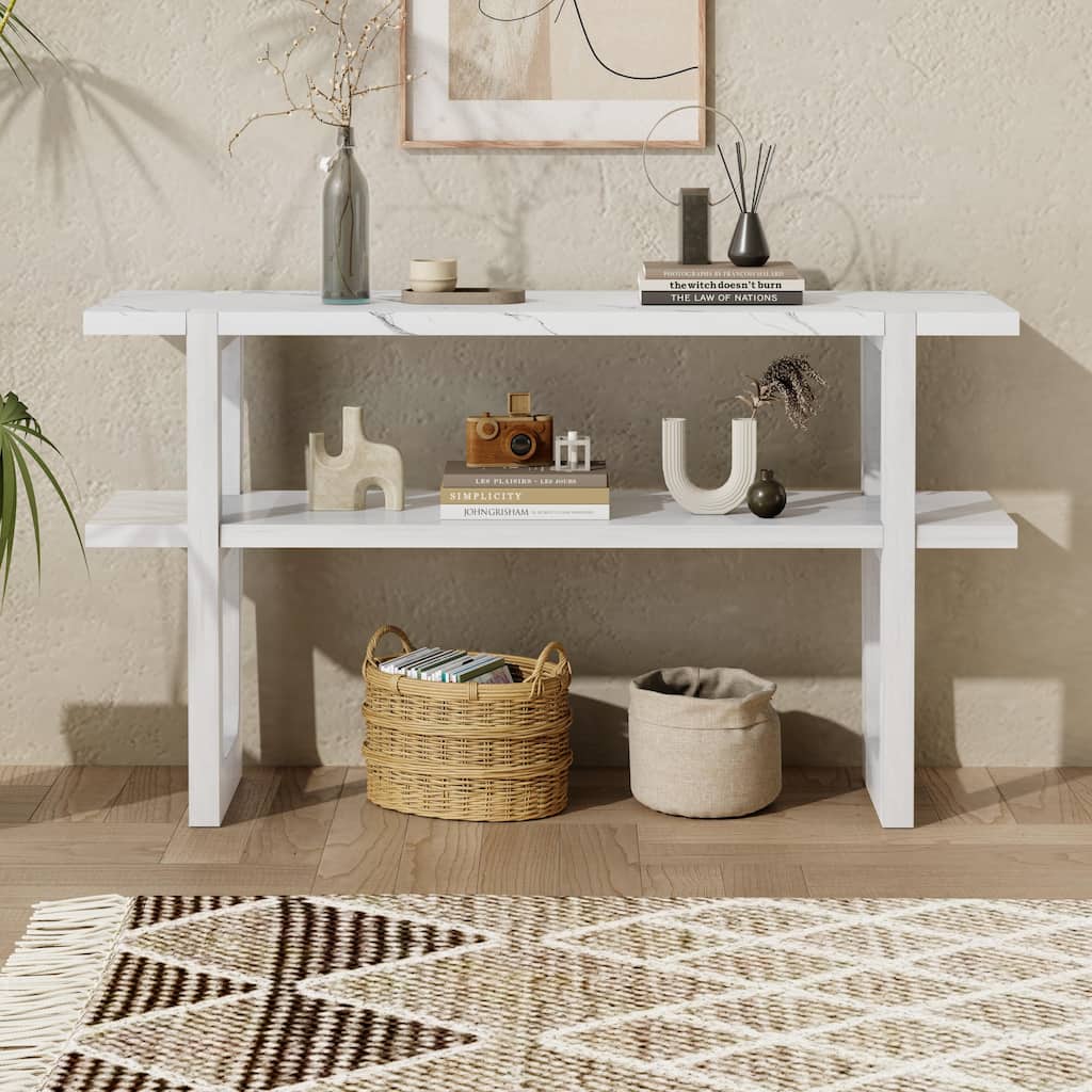 Retro Elegant Console Table with Marble-Effect Top and Versatile Storage Solutions for Entryway and Living Room