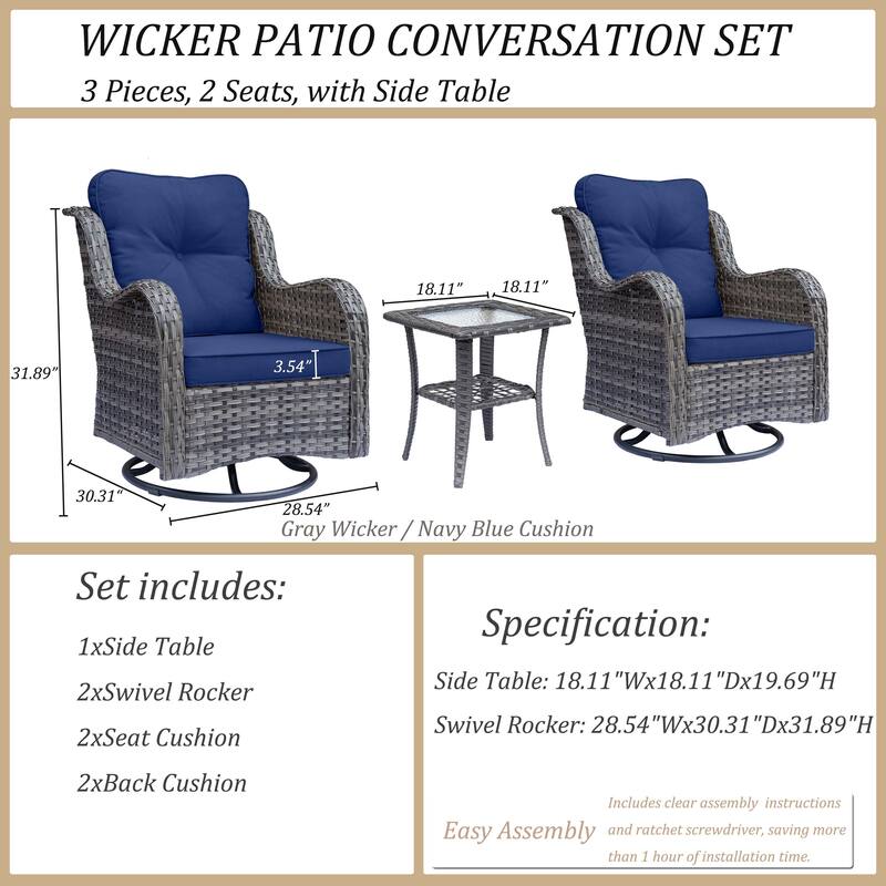 3 Piece Outdoor Patio Conversation Wicker Furniture Swivel Chairs Sets