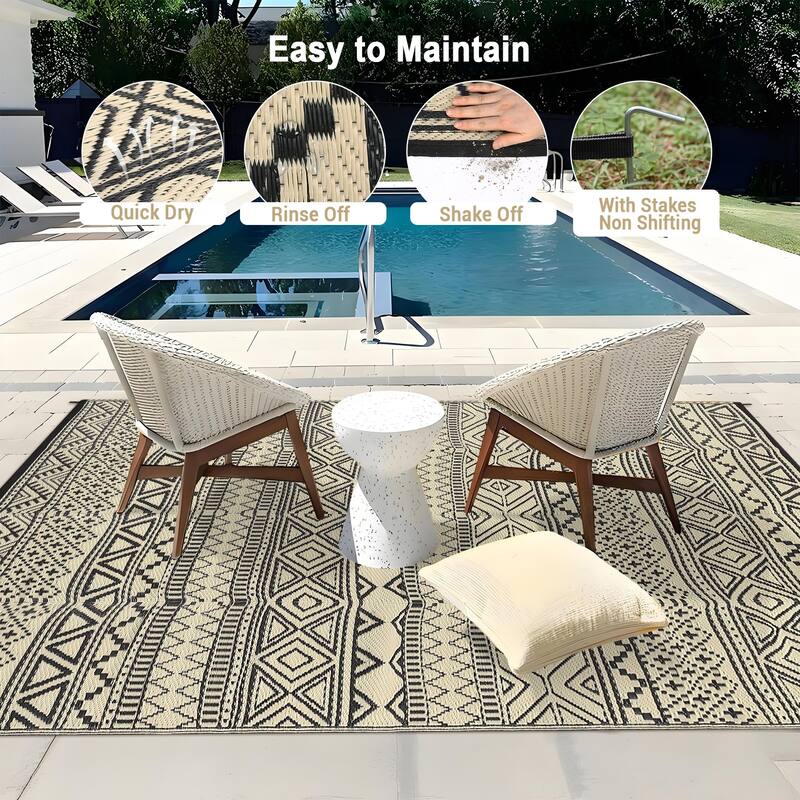 Outdoor Rug Waterproof Patio Rug Mat Geometric Rug Plastic Straw Outside Rug for RV Camping Picnic Reversible Rug