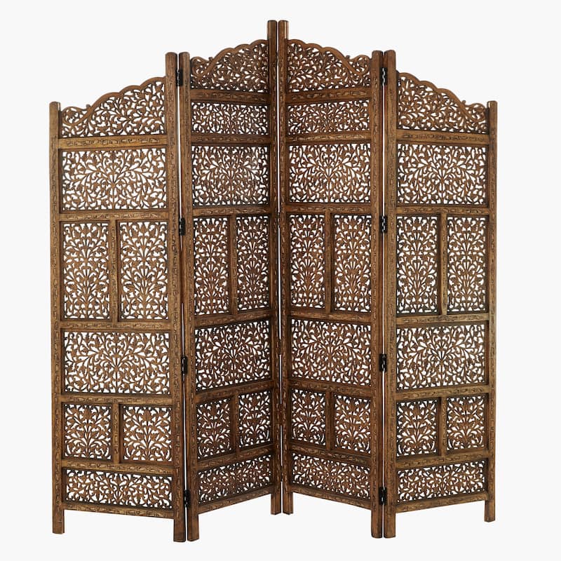 Wooden Floral Handmade Foldable Arched 4 Panel Room Divider Screen with Intricately Carved Designs - Brown - Roche River Decor - Brown
