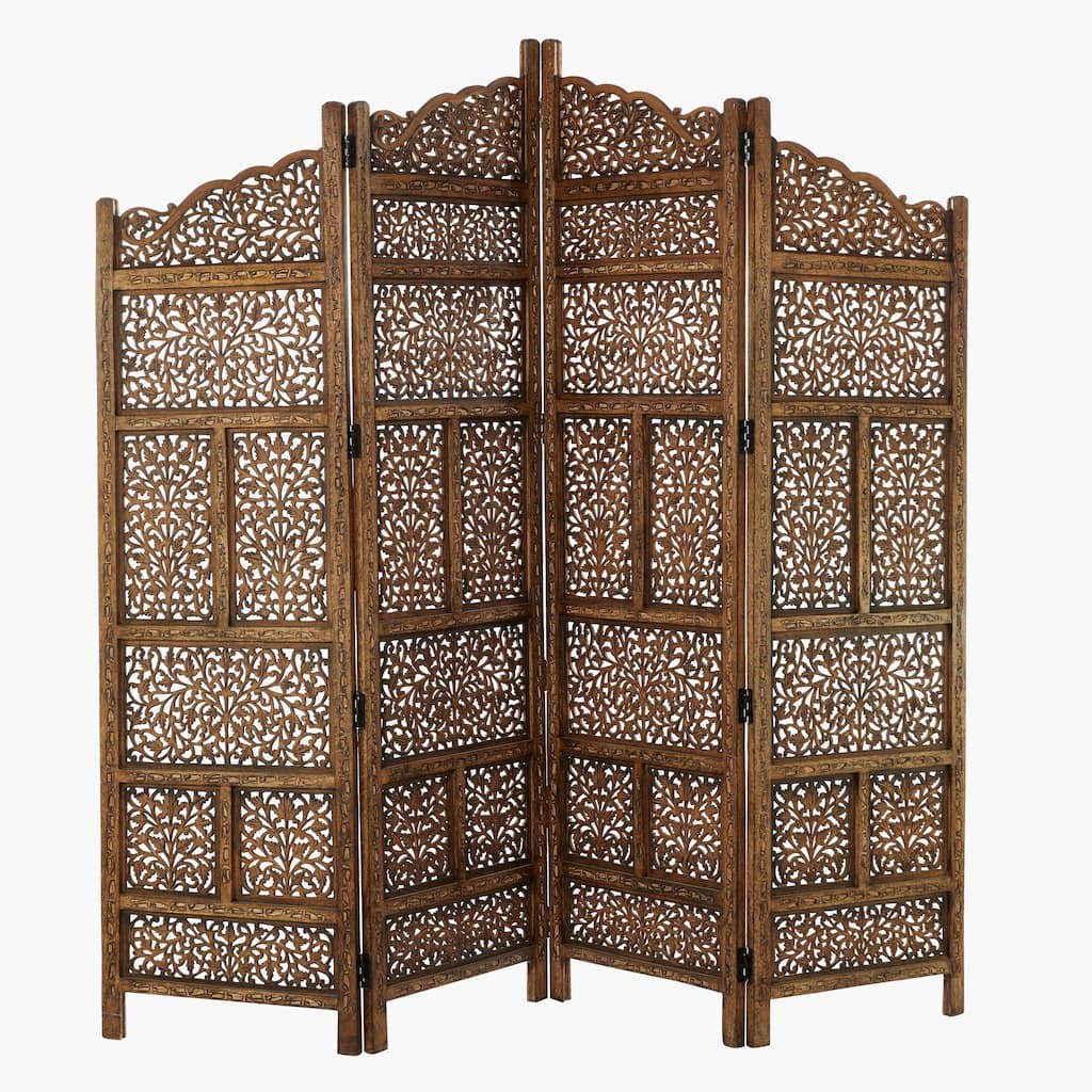 Wooden Floral Handmade Foldable Arched 4 Panel Room Divider Screen with Intricately Carved Designs - Brown - Roche River Decor