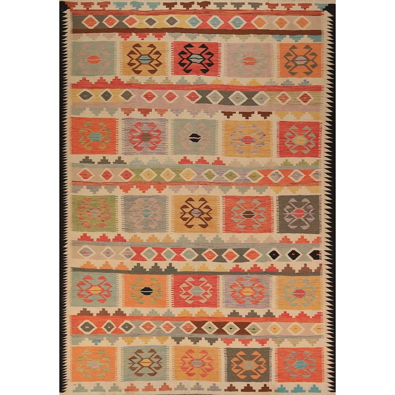 Reversible Geometric Multi-Color Kilim Area Rug Hand-Woven Wool Carpet - 7'11" x 11'2"