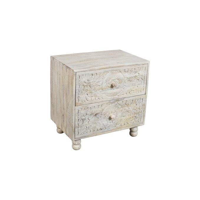 HomeRoots 24" Natural And White Solid Wood Distressed Carved Scrollwork Two Drawer Nightstand