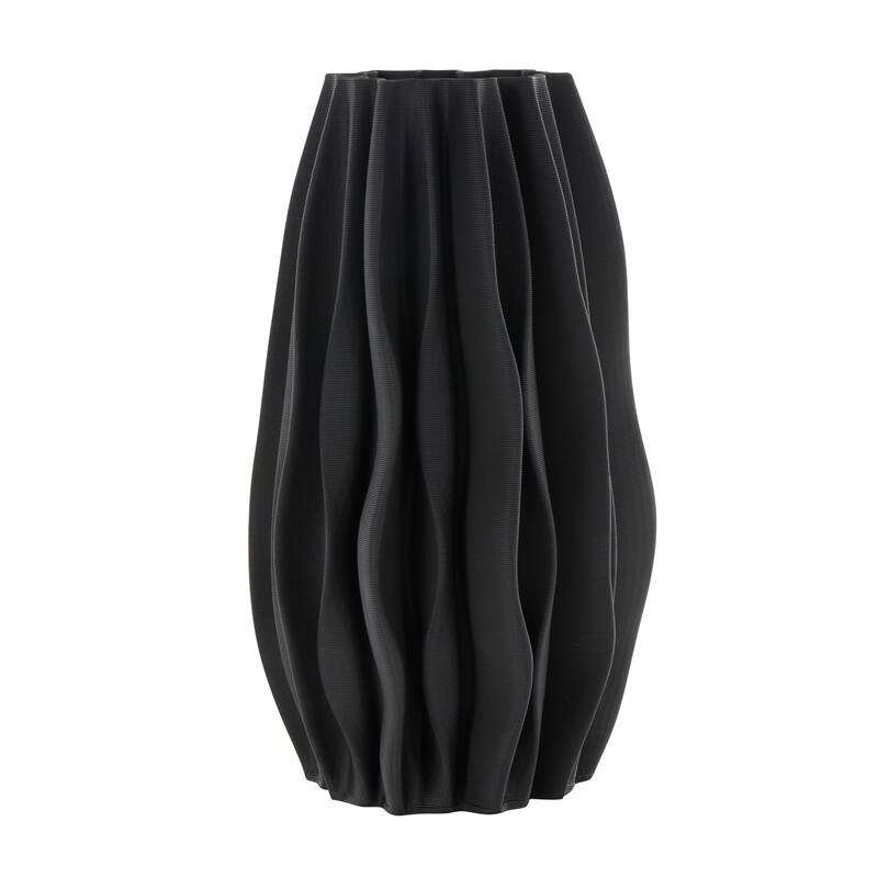 Black Ceramic Dimensional Wavy Ribbed Abstract Vase with Floral Shaped Rim