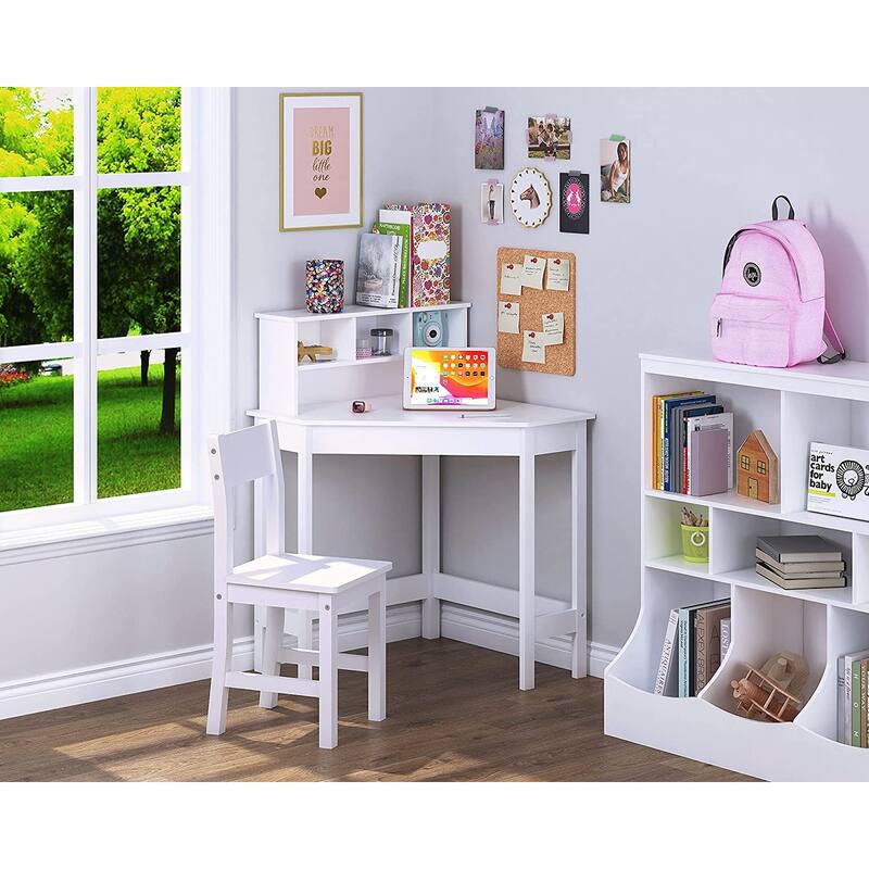 UTEX Kids Desk,Wooden Study Desk with Chair for Children,Writing Desk with Storage and Hutch for Home School Use,White