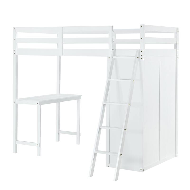 Merax Loft Bed with Wardrobe and Desk and Shelves
