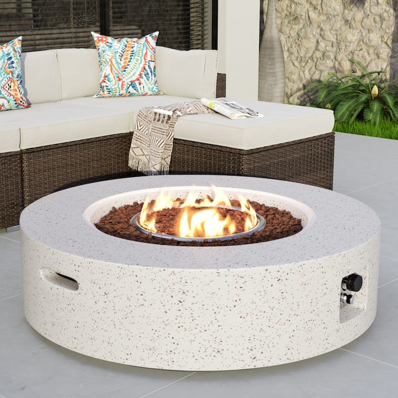 COSIEST Ecru Round Outdoor Propane Fire Pit Tank Outside