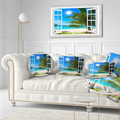 Designart "Window Open to Beach with Palm" Extra Large Seashore Canvas Art