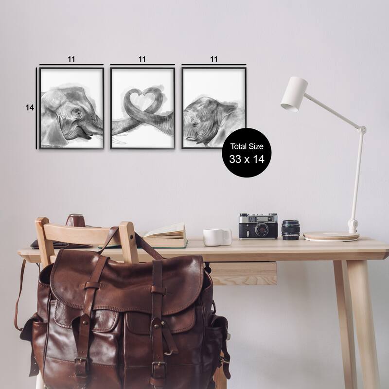 Stupell Elephant Trunk Heart Jungle Animal Illustration, 3pc Multi Piece Framed Wall Art Set