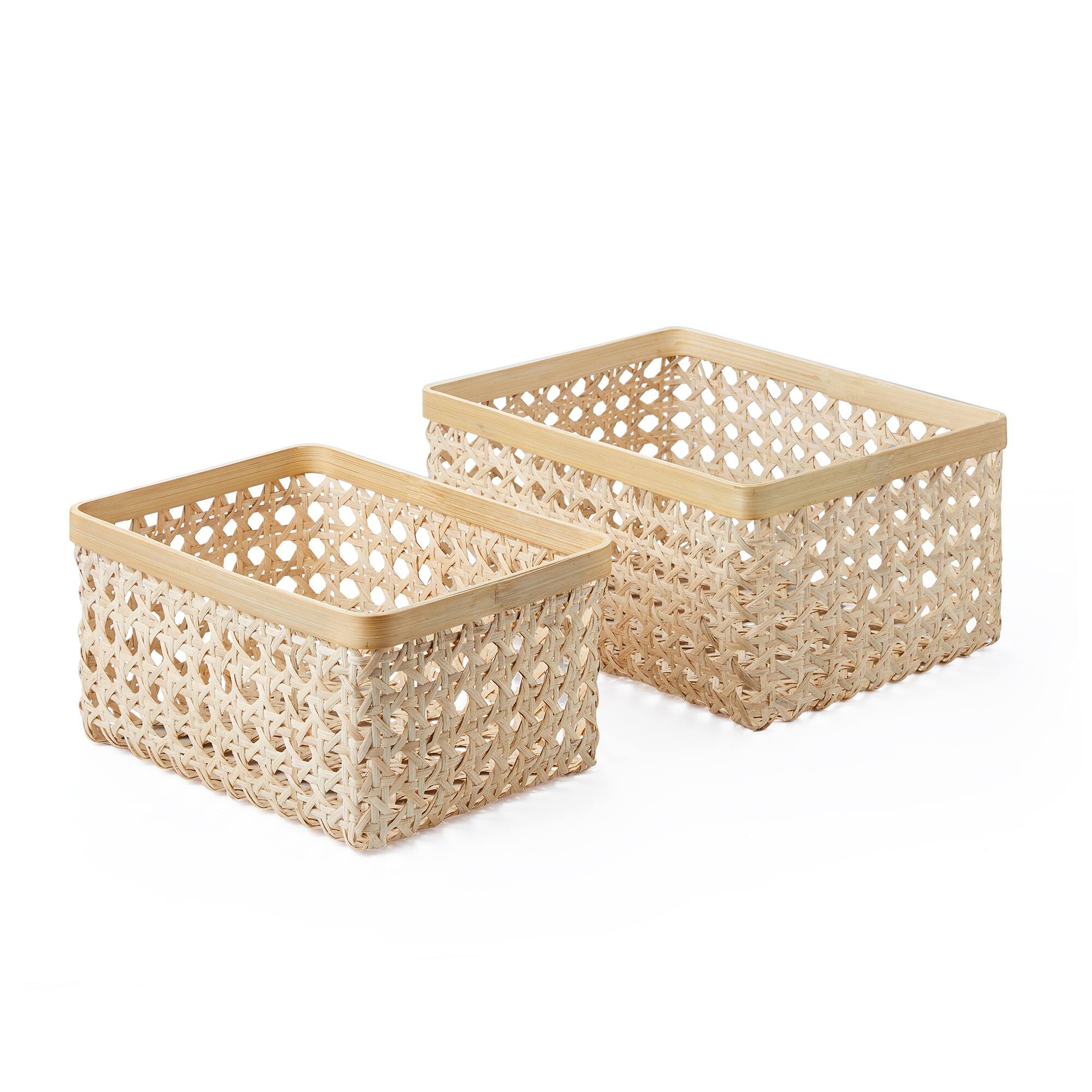 Set Of Two Rectangle Natural Cane Storage Bins With Bamboo Rim