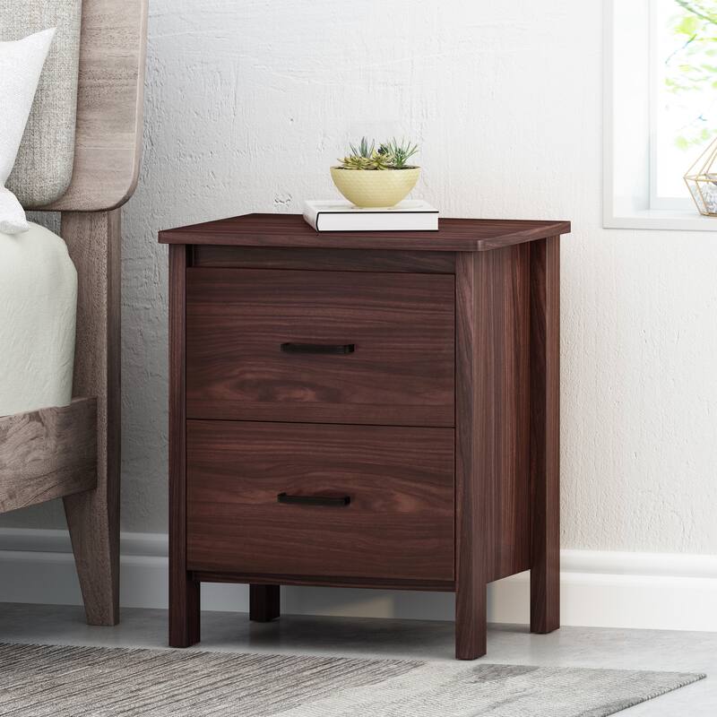 Faux Wood Finish Cupboard Cabinet, Bedroom Nightstand Living Room Display Cabinet with 2 Drawers, Chest Storage Side Bedside