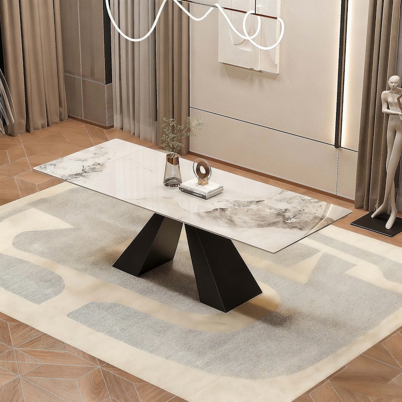 63'' to 94.5” Extendable Dining Table For 8-10 with Sintered Stone Table top and Metal Base - 94.48"