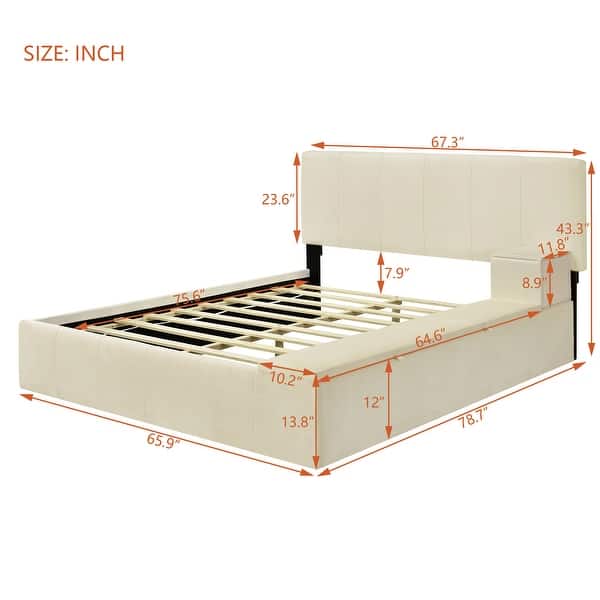 dimension image slide 3 of 4, Upholstered Platform Bed with Lateral Storage Compartments and Thick Fabric,Velvet