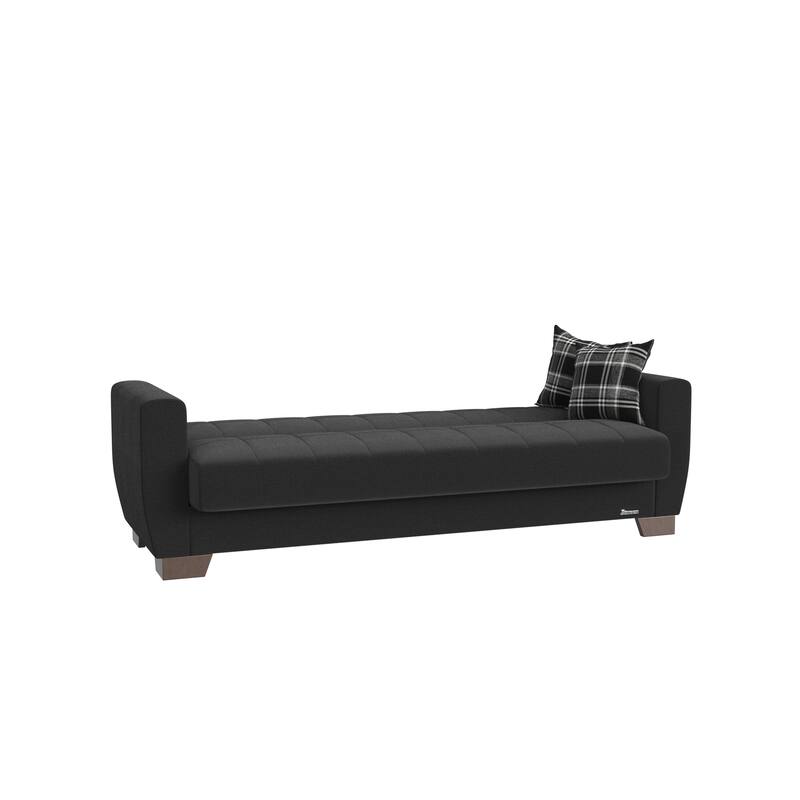 HomeRoots 84" Black Chenille Convertible Futon Sleeper Sofa And Toss Pillows With Storage