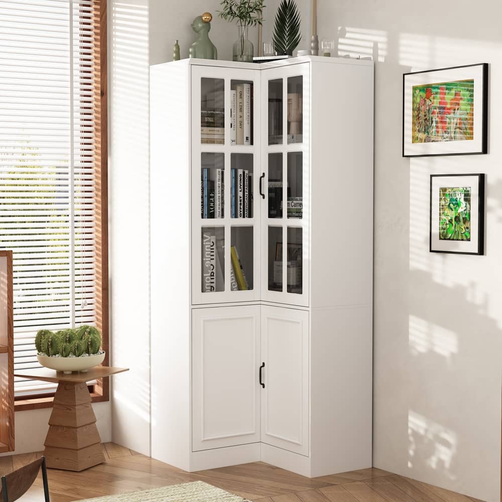 78.7"H Combo Buffet Sideboard White Curio Bookcase Cabinet Glass Door