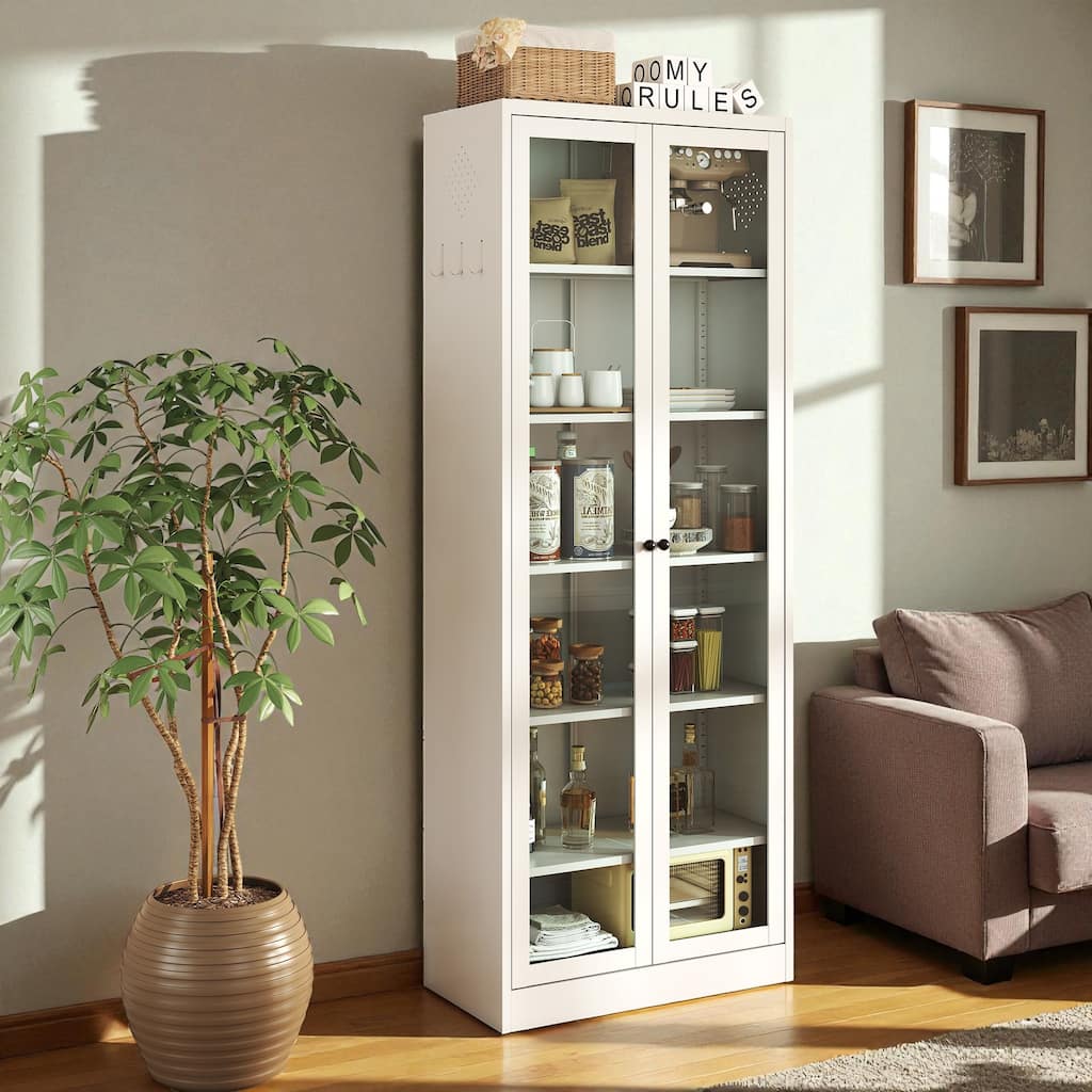 72" White Metal Storage Cabinet with Adjustable Shelves and Glass Doors, Tall Freestanding Pantry Organizer for Kitchen
