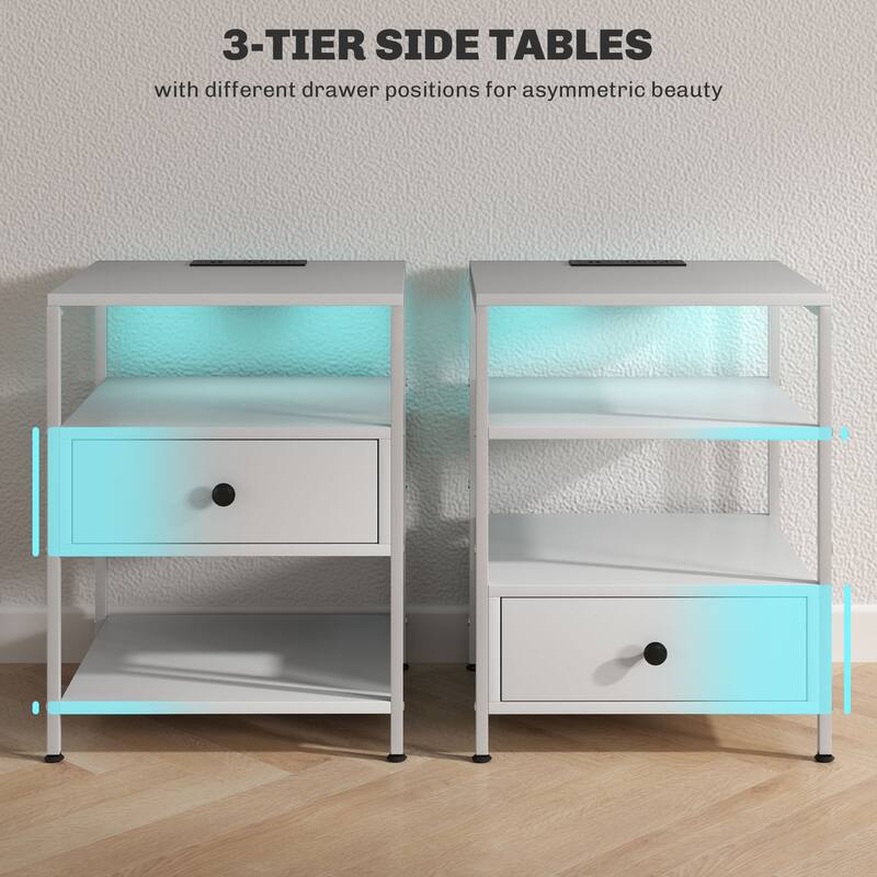 Set of 2 White End Tables with Drawer and 3-Tier Shelf USB Charging Ports and AC Outlets - 17.3" L x 15" W x 22.8" H