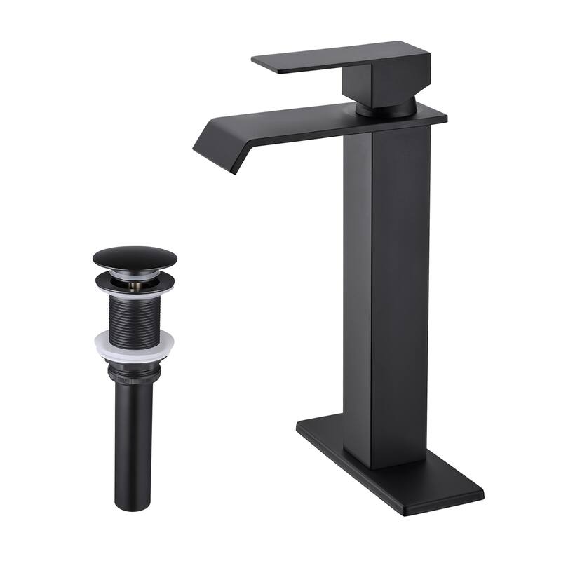 Waterfall Spout Bathroom Sink Single Handle Faucet with Pop-Up Drain (No Overflow) - Matte Black
